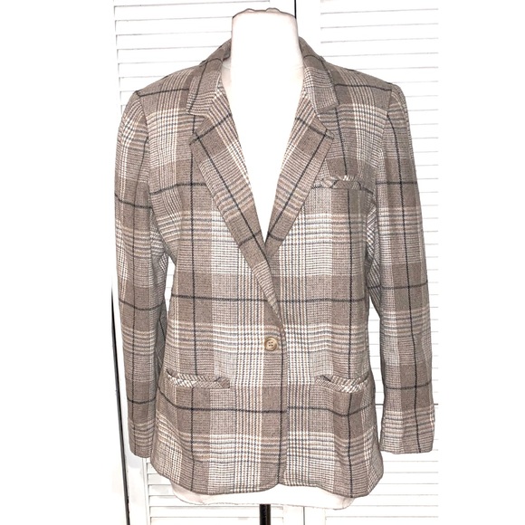 90s Vintage Wool Blend Women’s blazer Plaid tan - Picture 1 of 6